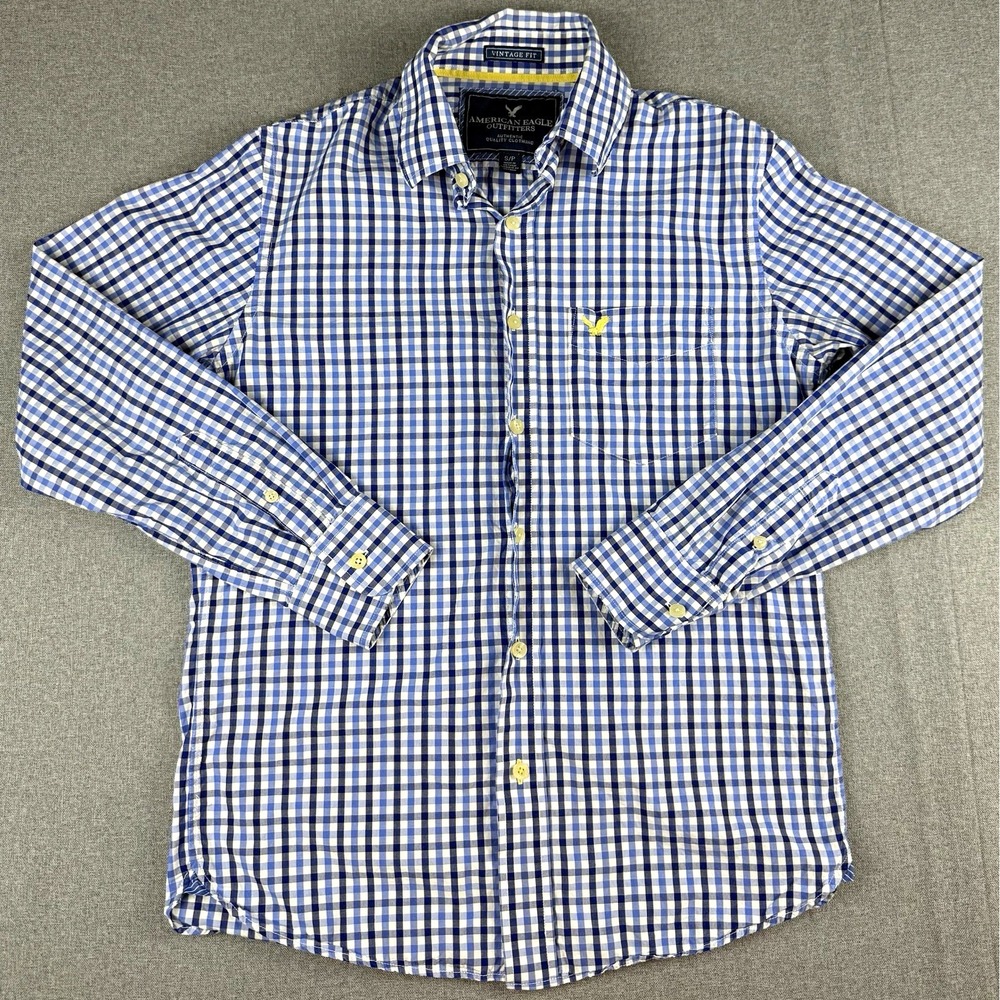 American Eagle Mens Small Vintage Fit Gingham Check Button Up Shirt Blue Cotton